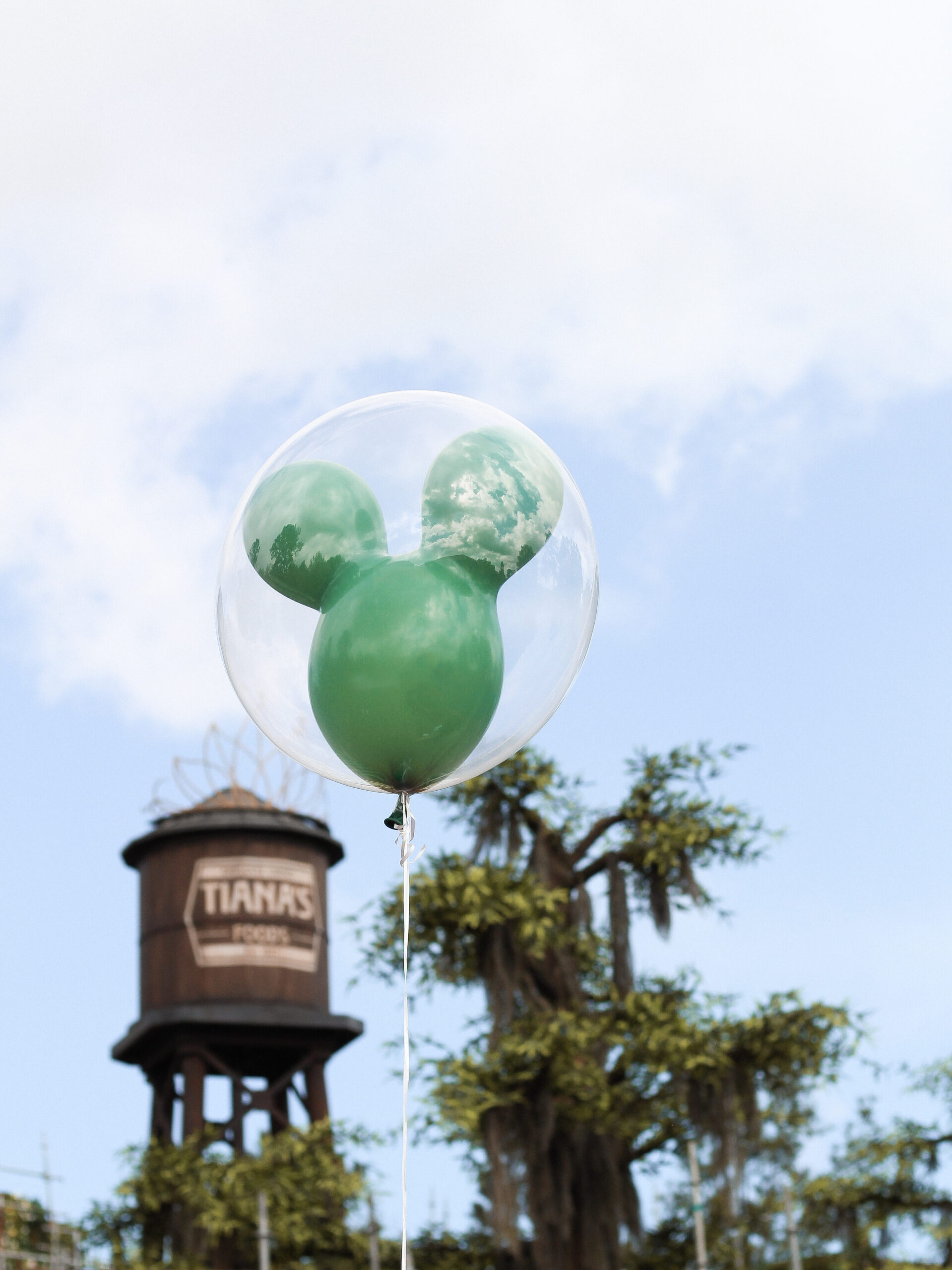 Rubio Arts is celebrating the opening of Tiana's Bayou Adventure by offering green GlassHouse balloons along Main Street, U.S.A.