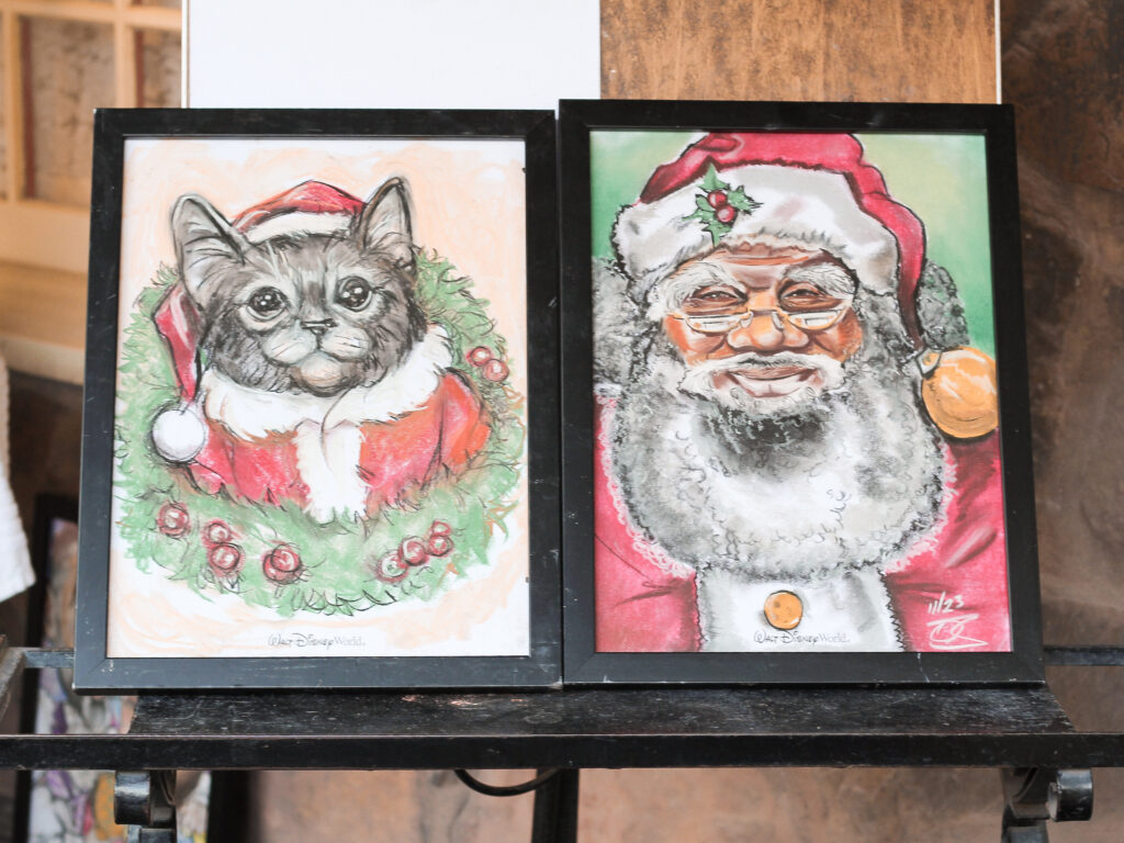 Front facing holiday portrait of Santa Claus, and a portrait of a cat dressed up like Santa Claus