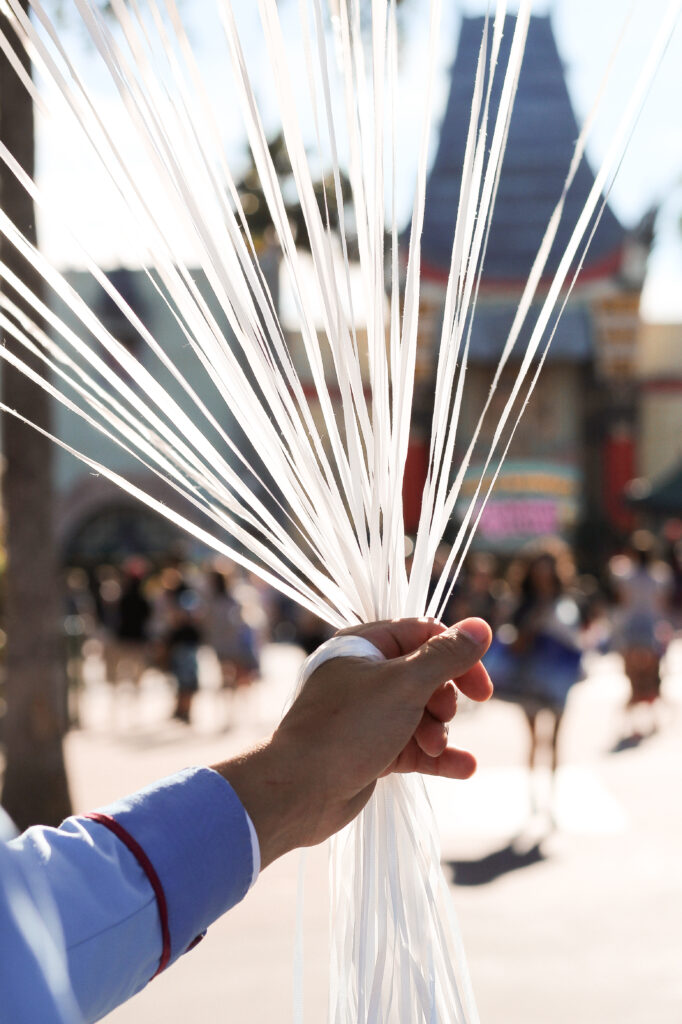 Rubio Arts balloon vendor holding a rack of balloon sat Disney's Hollywood Studios